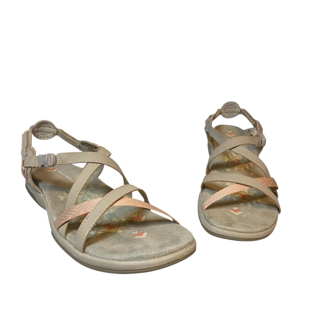 Skechers Reggae Slim-Vacay Sandals Sz 9 Beige Pink Strappy Memory Foam Comfort